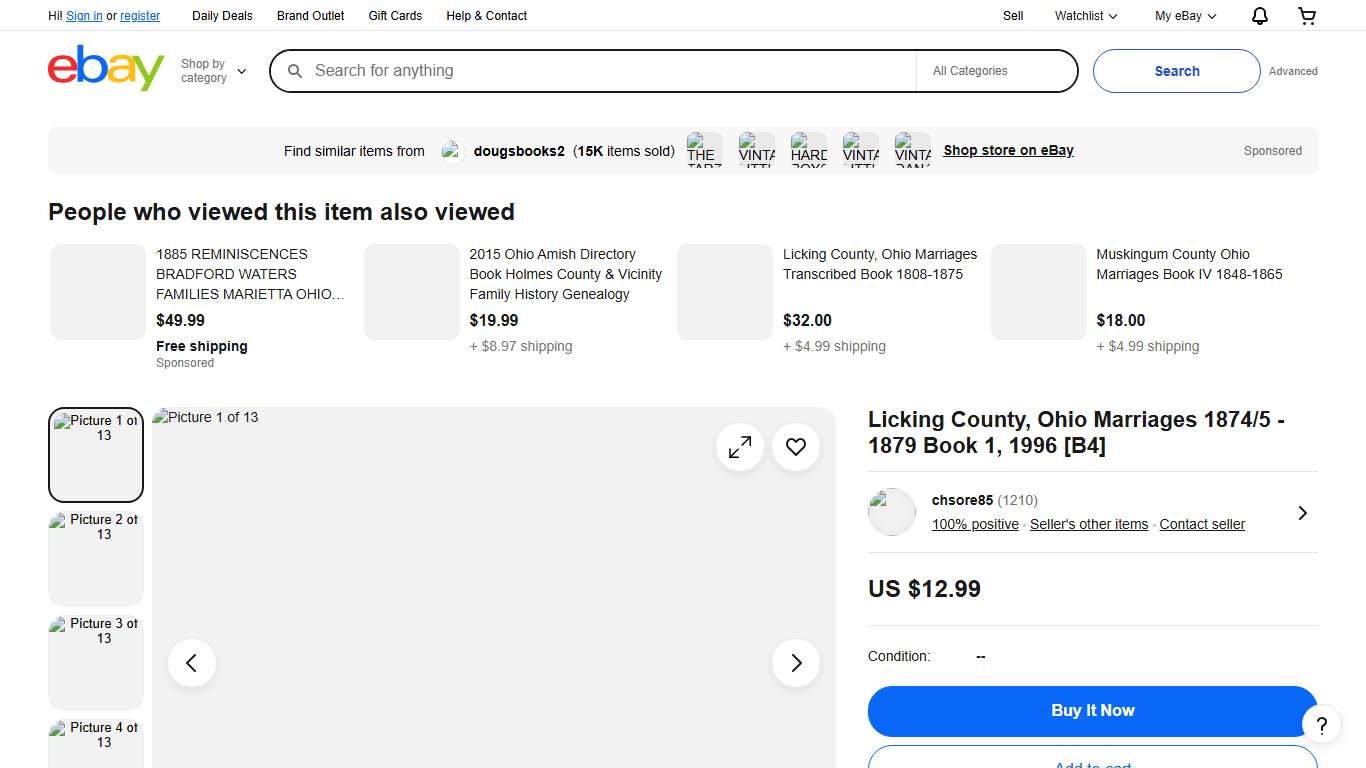 Licking County, Ohio Marriages 1874/5 - 1879 Book 1, 1996 [B4] eBay